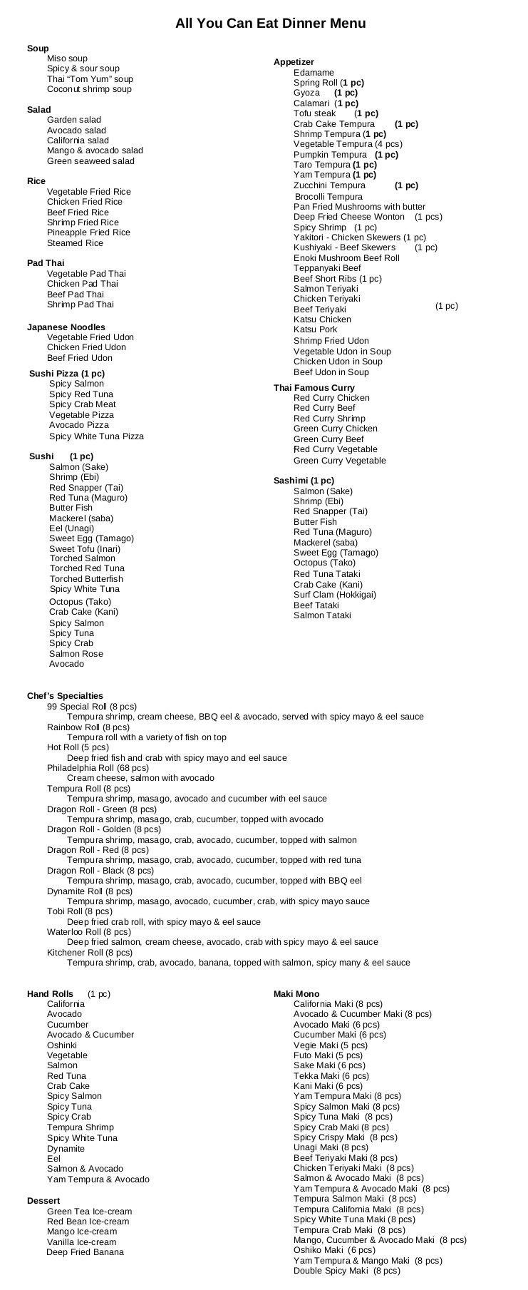 Dinner AYCE Menu